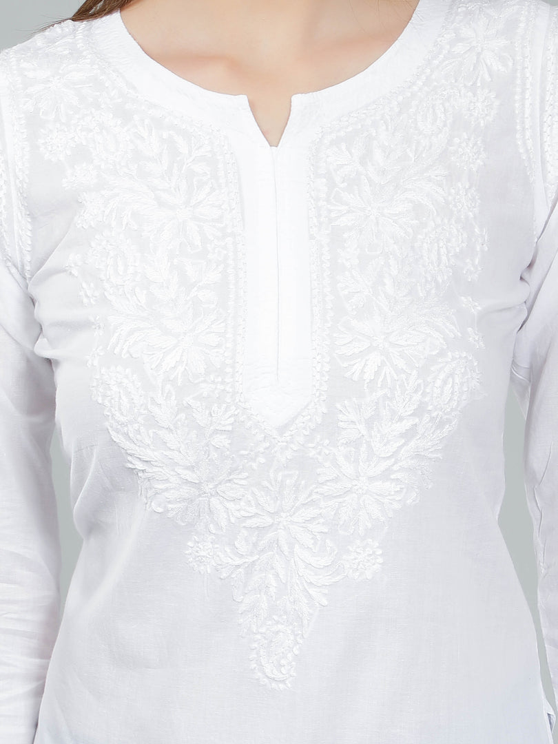 Seva Chikan Hand Embroidered White Cotton Lucknowi Chikan Top-SCL9048