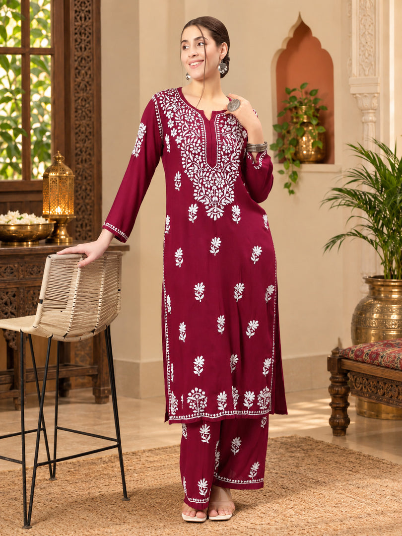 Seva Chikan Hand Embroidered Rayon Lucknowi Chikankari Kurta Set