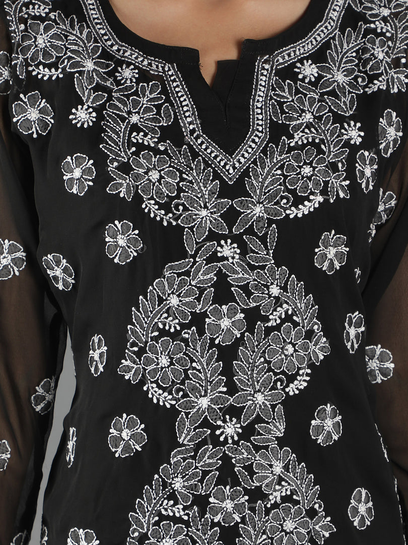 Seva Chikan Hand Embroidered  Georgette Lucknowi Chikan Top With Slip