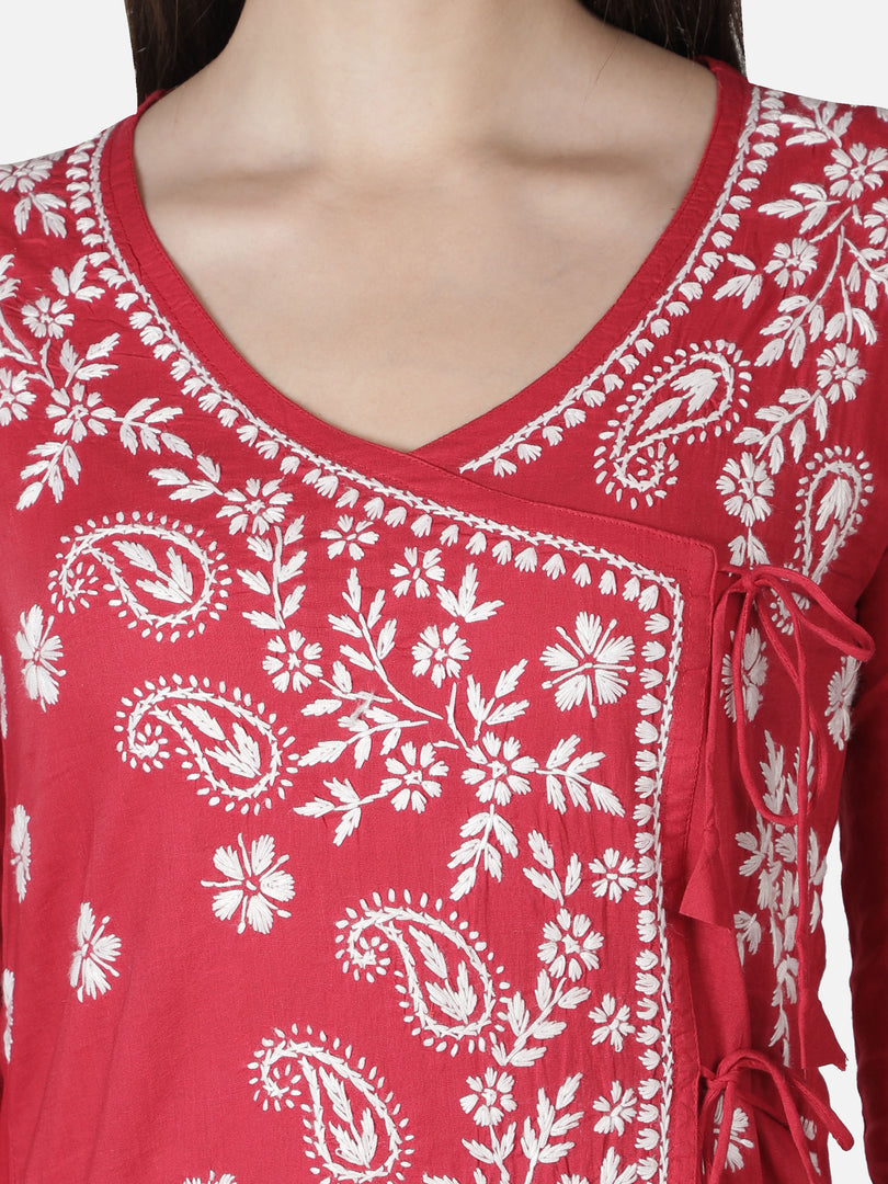 Seva Chikan Hand Embroidered Red Cotton Chikankari Angarkha Style Kurta
