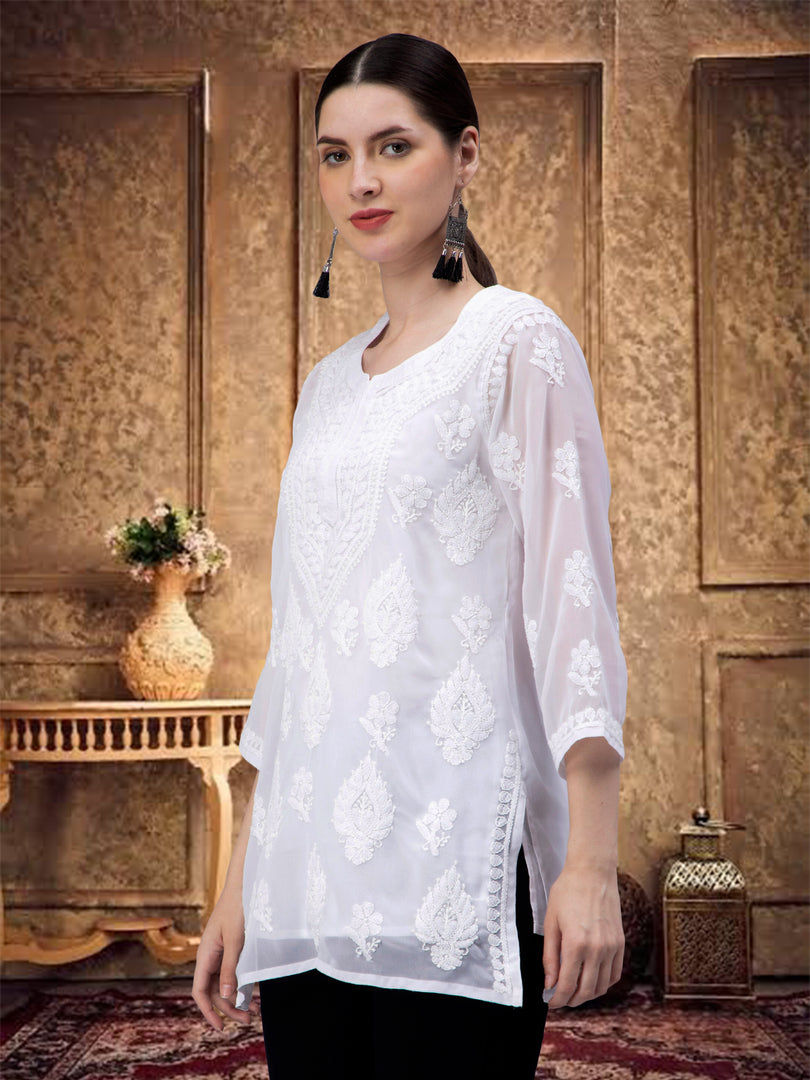 Seva Chikan Hand Embroidered Georgette Lucknowi Chikankari Top With Slip