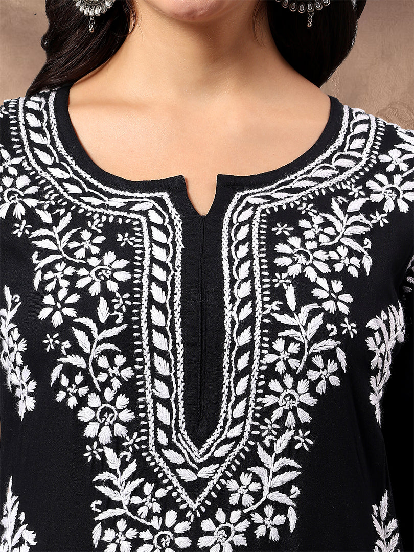 Seva Chikan Hand Embroidered Lucknowi Chikankari Black Rayon Kurta SCL4772