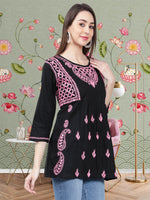 Load image into Gallery viewer, Seva Chikan Hand Embroidered  Black Cotton Lucknowi Chikankari Top