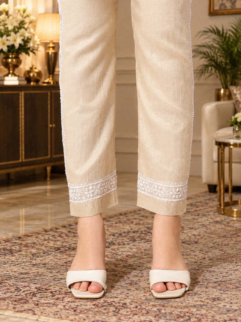 Seva Chikan Hand Embroidered Beige Tissue Lucknowi Chikankari Cord- Set SEV7000