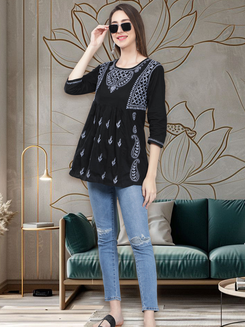 Seva Chikan Hand Embroidered  Black Cotton Lucknowi Chikankari Top