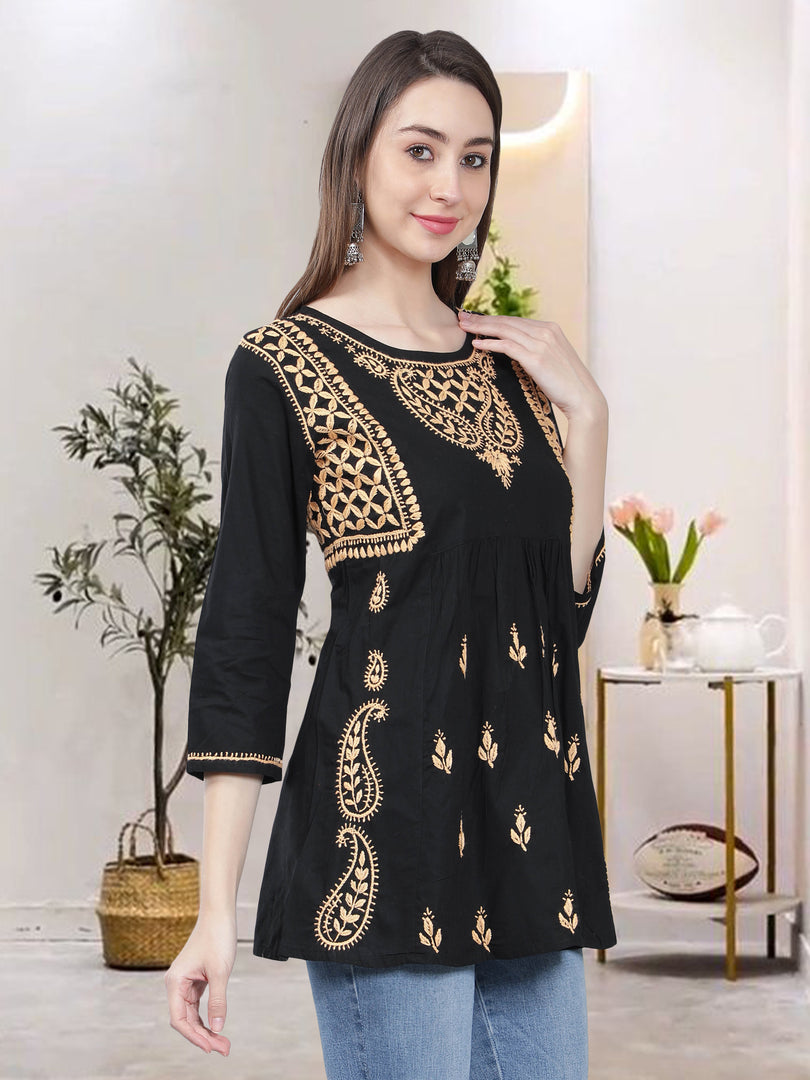 Seva Chikan Hand Embroidered  Black Cotton Lucknowi Chikankari Top