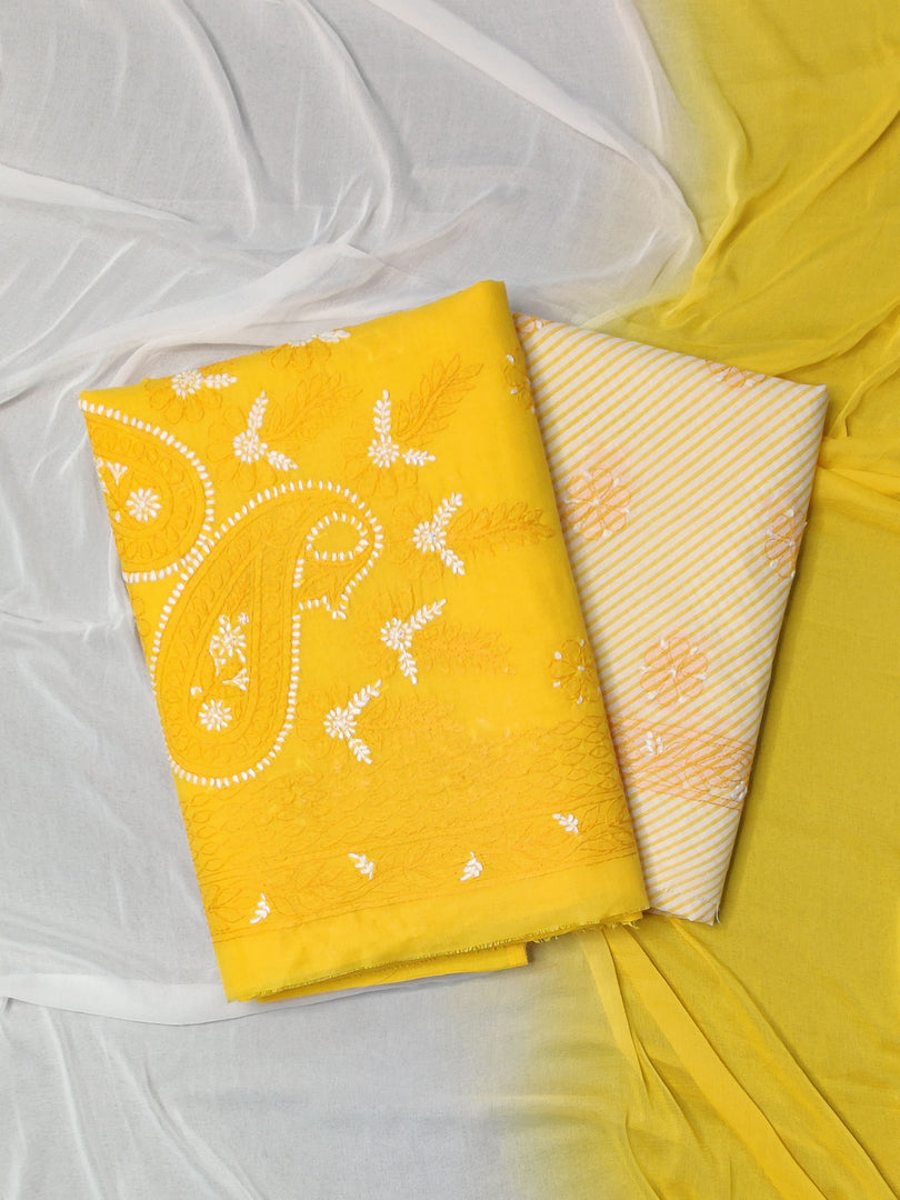 Seva Chikan Hand Embroidered Yellow Terivoil Cotton Lucknowi Chikankari Unstitched Suit Piece-SCL13000