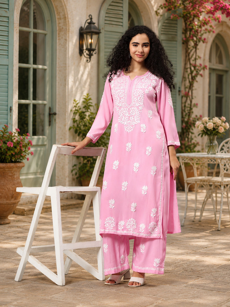 Seva Chikan Hand Embroidered Pink Rayon Lucknowi Chikankari Kurta Set SCL8063