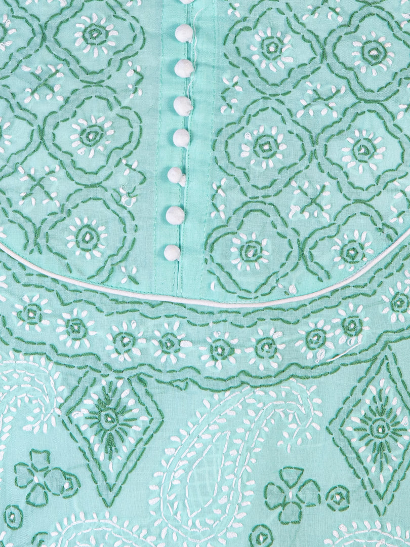 Seva Chikan Hand Embroidered Turquoise Cotton Lucknowi Chikan Kurti SCL1226