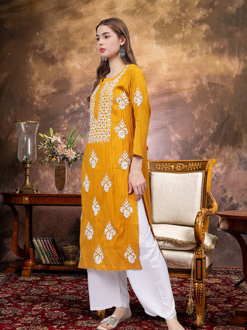 Seva Chikan Hand Embroidered Mustard Rayon Lucknowi Chikankari Kurta-SCL4588