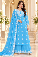 Load image into Gallery viewer, Seva Chikan Hand Embroidered Blue Georgette Lucknowi Chikankari Unstitched Suit Piece-SEV15047