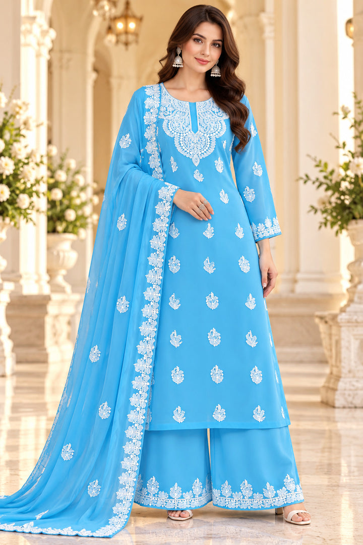 Seva Chikan Hand Embroidered Blue Georgette Lucknowi Chikankari Unstitched Suit Piece-SEV15047