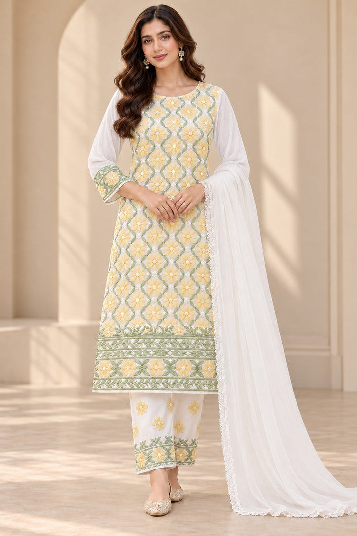 Seva Chikan Hand Embroidered White Terivoil Cotton Lucknowi Chikankari Unstitched Suit Piece-SEV15013