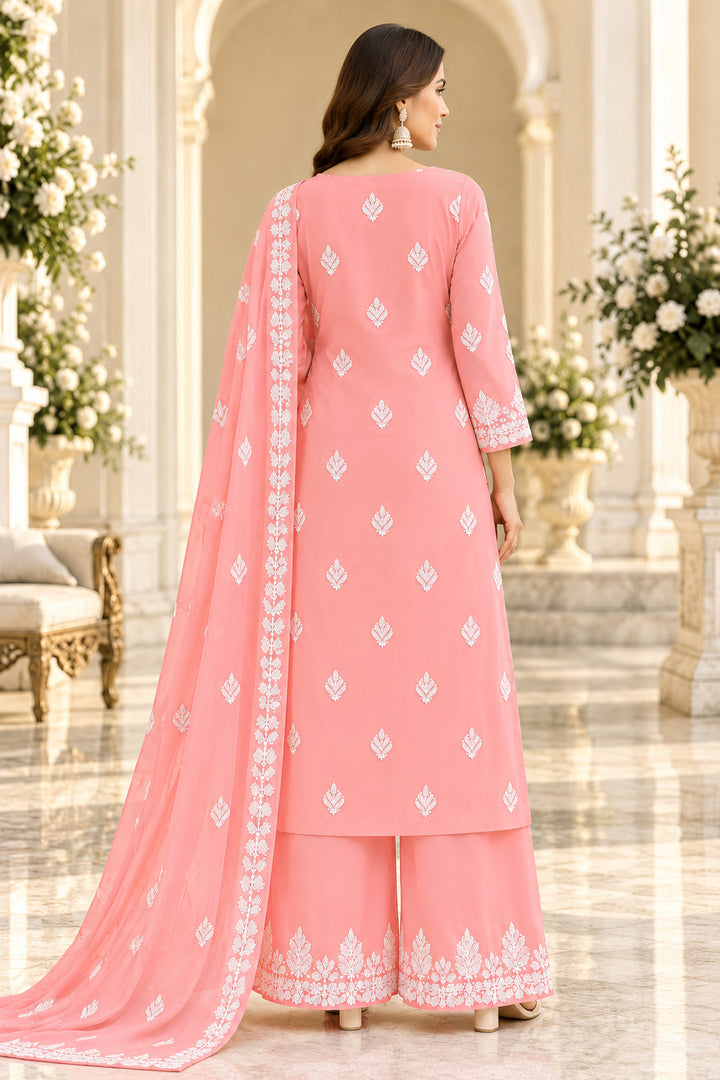 Seva Chikan Hand Embroidered Peach Georgette Lucknowi Chikankari Unstitched Suit Piece-SEV15048