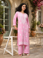 Load image into Gallery viewer, Seva Chikan Hand Embroidered Pink Rayon Lucknowi Chikankari Kurta Set SCL8063