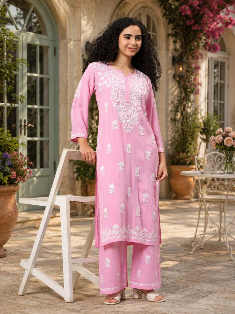 Seva Chikan Hand Embroidered Pink Rayon Lucknowi Chikankari Kurta Set SCL8063