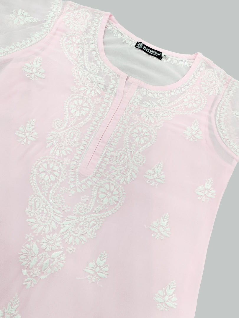 Seva Chikan Hand Embroidered Georgette Lucknowi Chikan Kurti With Slip