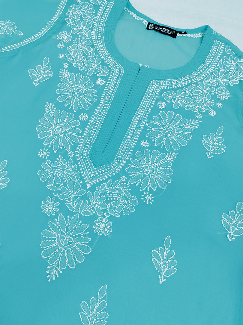 Seva Chikan Hand Embroidered Georgette Chikankari Kurta With Matching Slip
