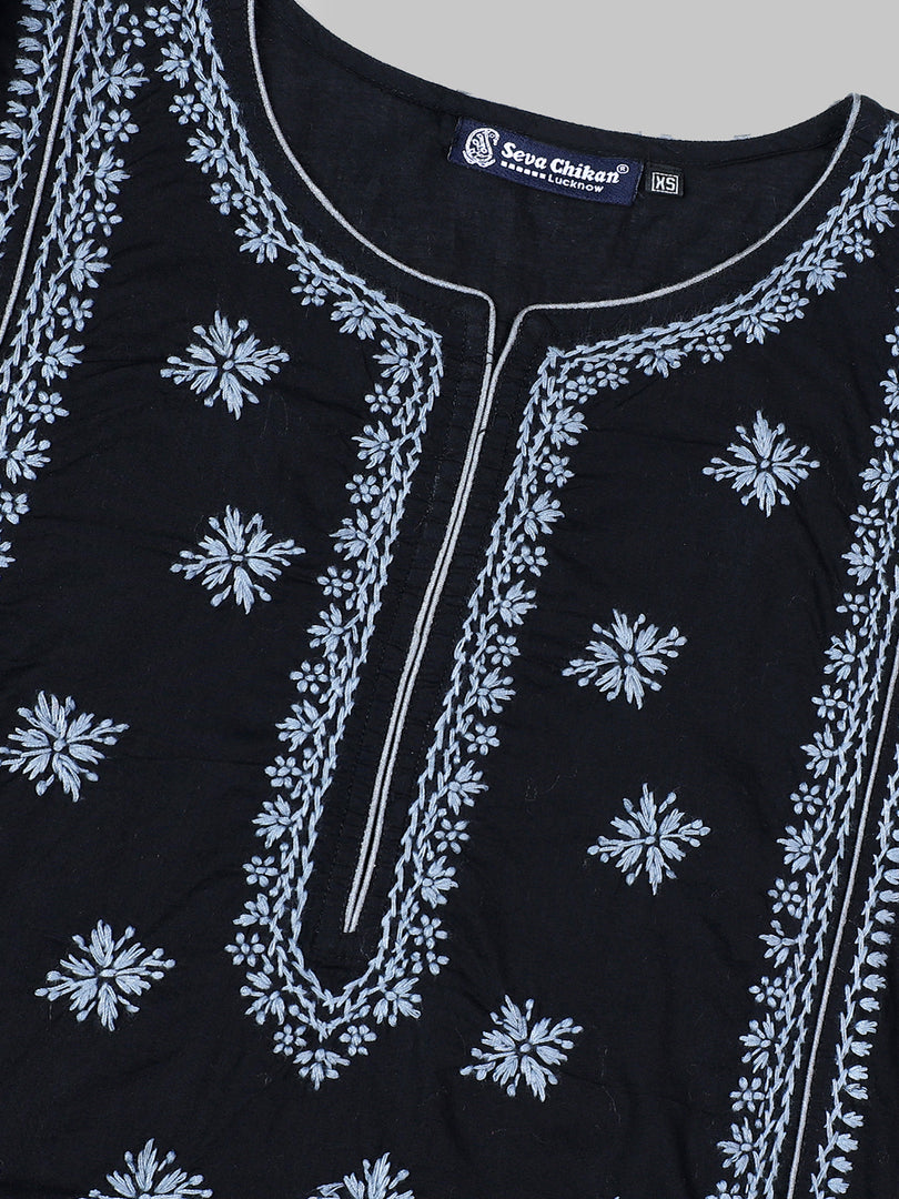 Seva Chikan Hand Embroidered Lucknowi Chikankari Black & Grey Cotton Kurta SCL4769