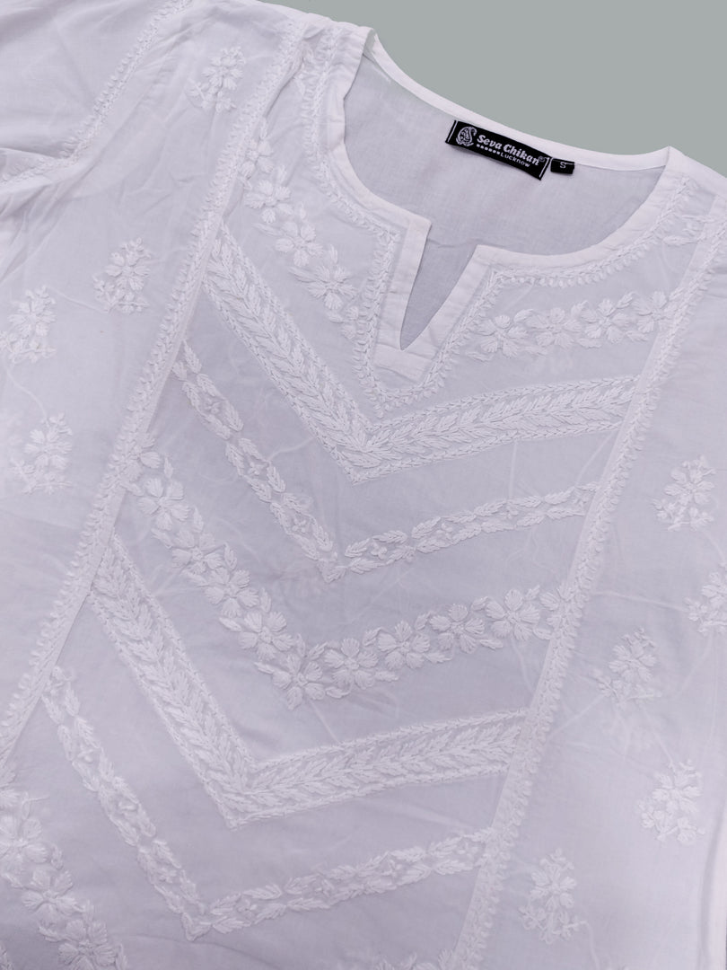 Seva Chikan Hand Embroidered White Cotton Lucknowi Chikan Top-SCL9235