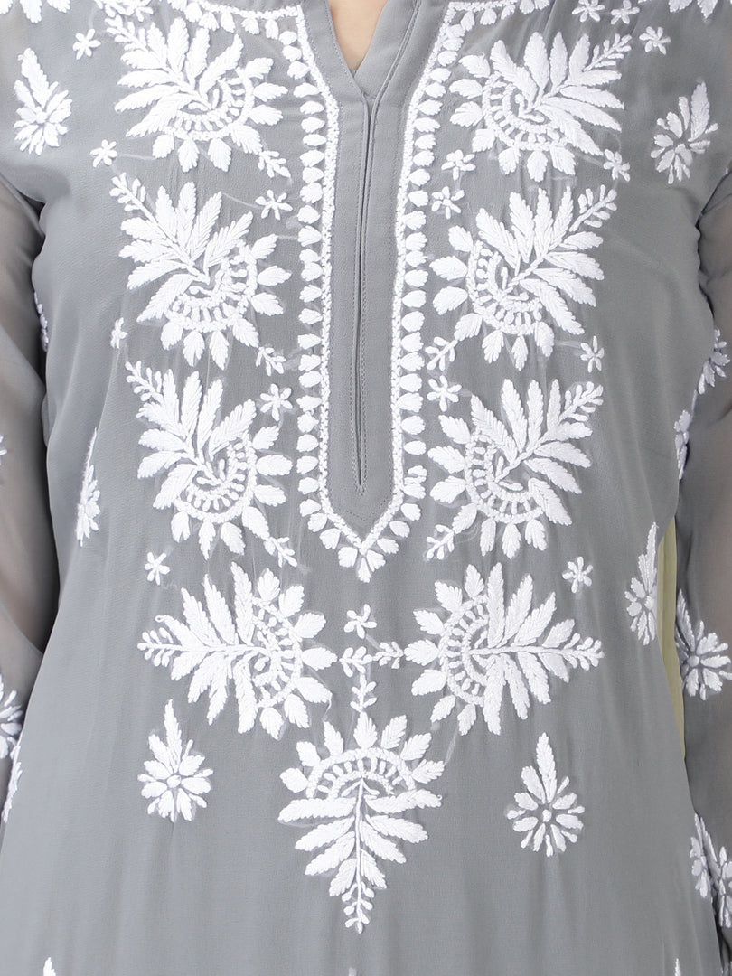 Seva Chikan Hand Embroidered Georgette Lucknowi Chikan Kurti With Slip