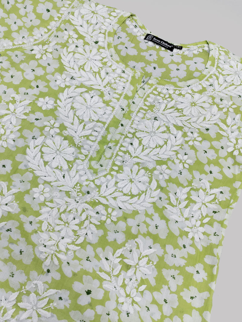 Seva Chikan Hand Embroidered Pista Green Mal-Mal Lucknowi Chikankari Kurta-SCL4583