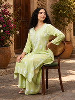 Load image into Gallery viewer, Seva Chikan Hand Embroidered Sage Green Rayon Lucknowi Chikankari Kurta Set SCL8062