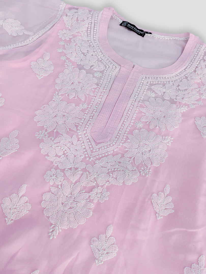 Seva Chikan Hand Embroidered Georgette Chikankari Kurta With Matching Slip