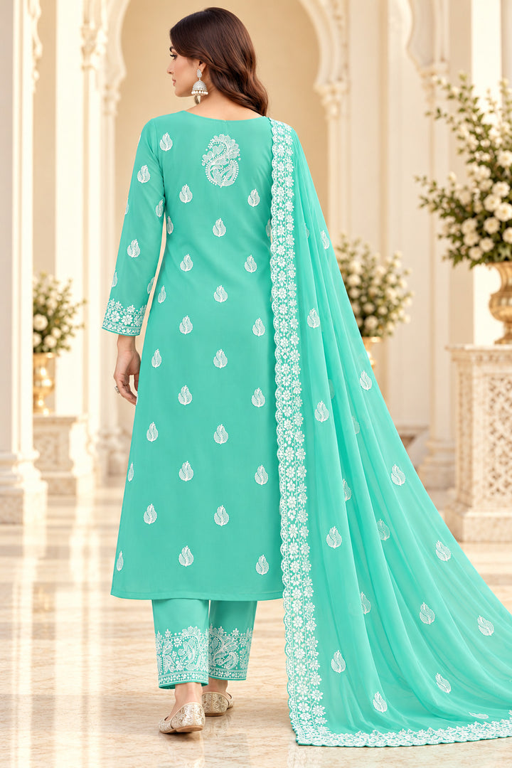 Seva Chikan Hand Embroidered Sea Green Georgette Lucknowi Chikankari Unstitched Suit Piece-SEV15042