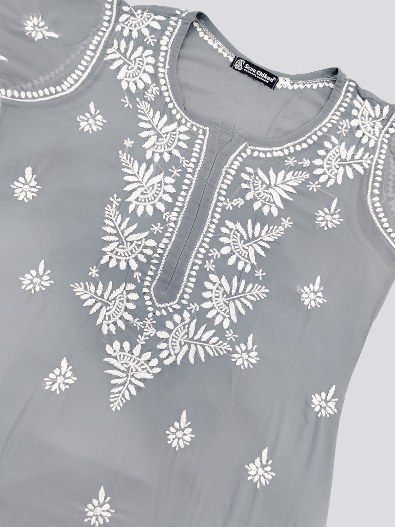 Seva Chikan Hand Embroidered Georgette Lucknowi Chikan Kurti With Slip