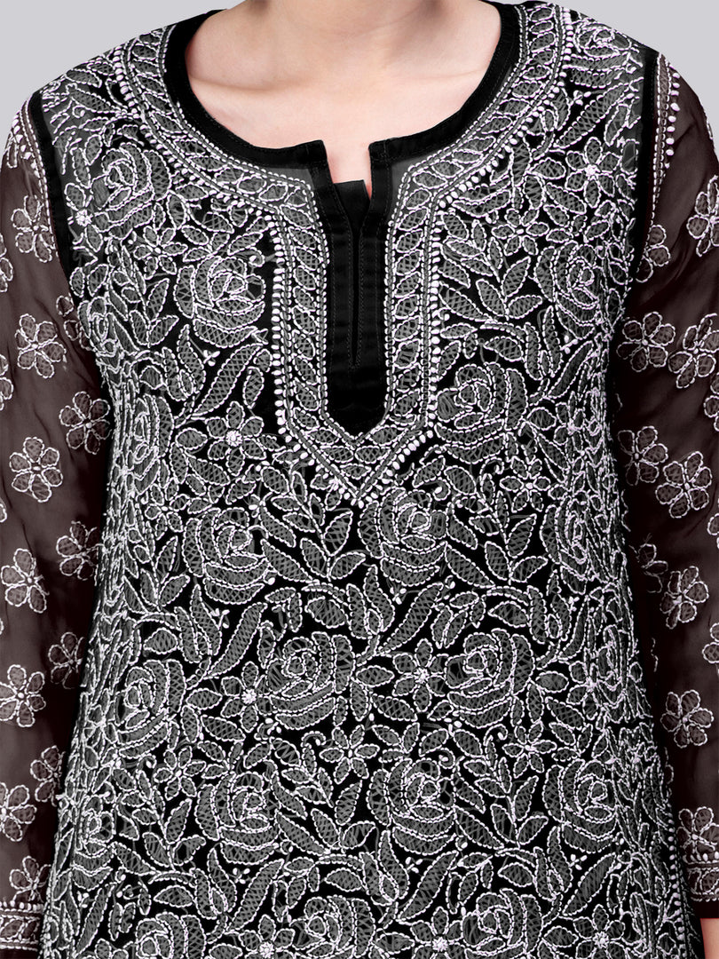 Seva Chikan Hand Embroidered Lucknowi Chikankari Black Georgette Short Top With Cotton Slip SCL9082
