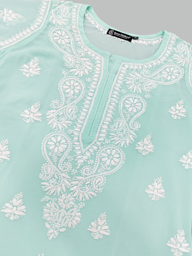 Seva Chikan Hand Embroidered Georgette Lucknowi Chikan Kurti With Slip