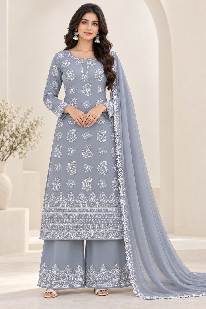 Seva Chikan Hand Embroidered Grey Cotton Lucknowi Chikankari Unstitched Suit Piece-SEV15049