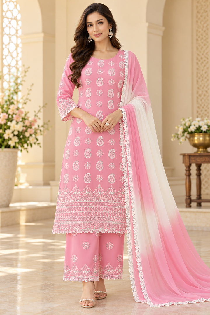Seva Chikan Hand Embroidered Pink Cotton Lucknowi Chikankari Unstitched Suit Piece-SEV15053
