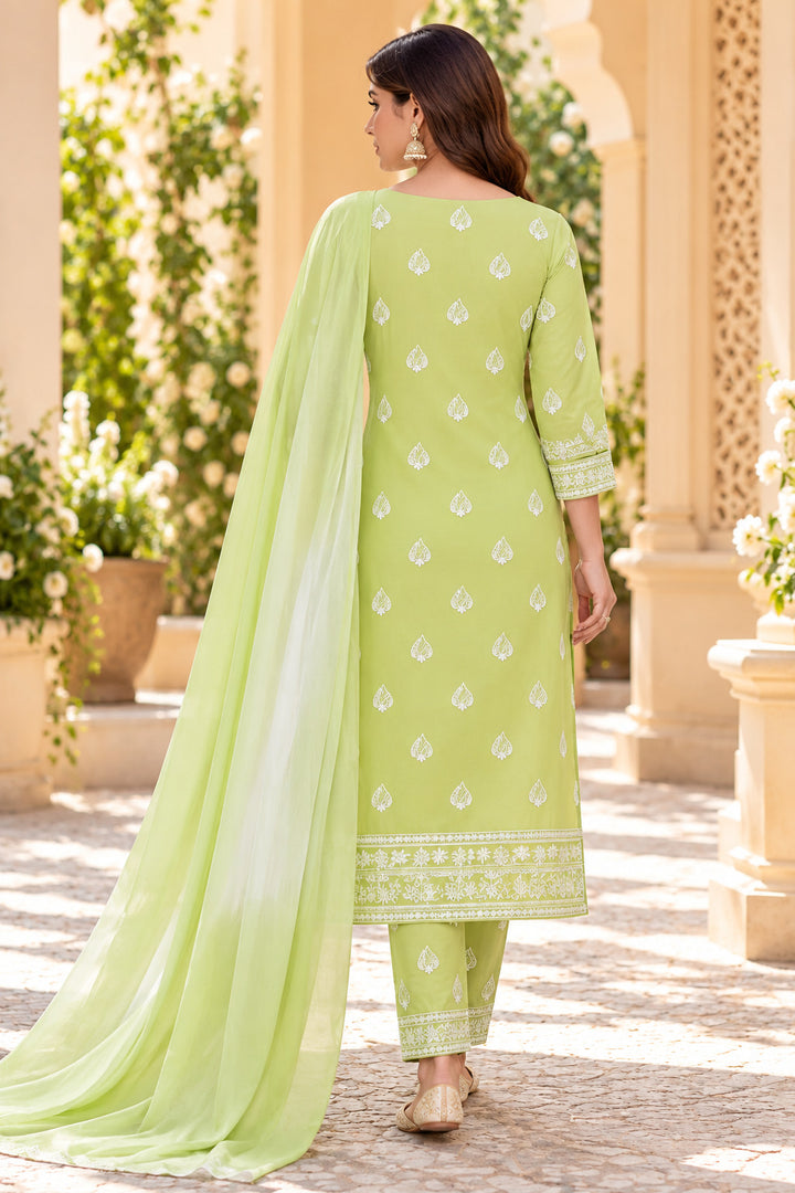 Seva Chikan Hand Embroidered Pista Green Cotton Lucknowi Chikankari Unstitched Suit Piece-SEV15036