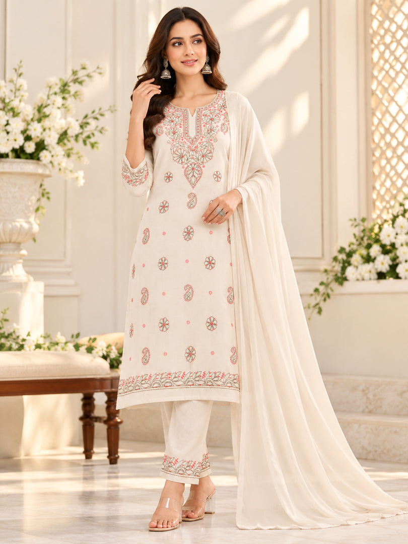 Seva Chikan Hand Embroidered Fawn Terivoil Cotton Lucknowi Chikankari Unstitched Suit Piece-SEV15003