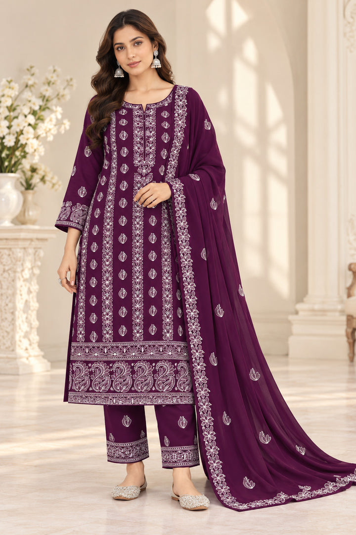 Seva Chikan Hand Embroidered Wine Georgette  Lucknowi Chikankari Unstitched Suit Piece-SEV15040