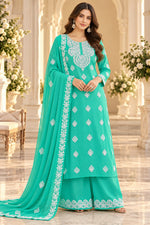 Load image into Gallery viewer, Seva Chikan Hand Embroidered Sea Green Georgette Lucknowi Chikankari Unstitched Suit Piece-SEV15045