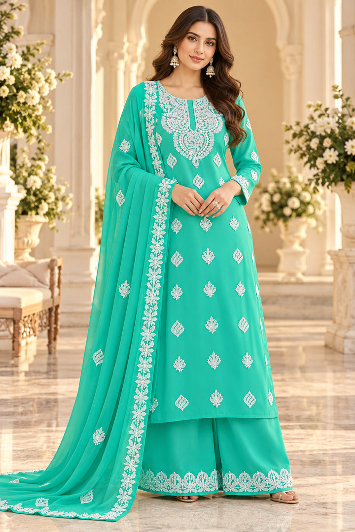 Seva Chikan Hand Embroidered Sea Green Georgette Lucknowi Chikankari Unstitched Suit Piece-SEV15045