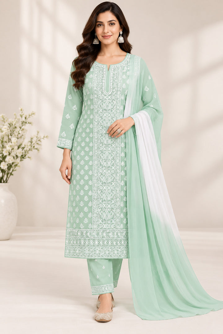 Seva Chikan Hand Embroidered Sea Green Cotton Lucknowi Chikankari Unstitched Suit Piece-SEV15037