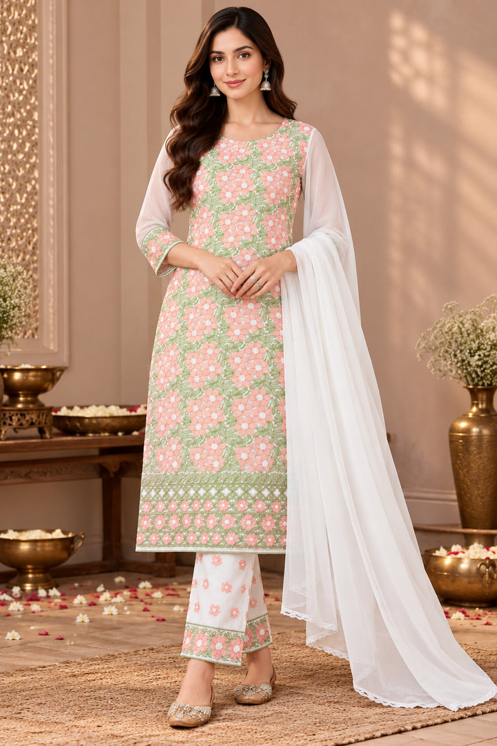 Seva Chikan Hand Embroidered White Terivoil Cotton Lucknowi Chikankari Unstitched Suit Piece-SEV15010