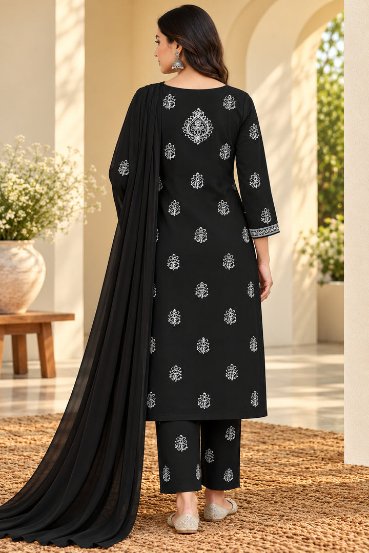 Seva Chikan Hand Embroidered Black Terivoil Cotton Lucknowi Chikankari Unstitched Suit Piece-SCL13144