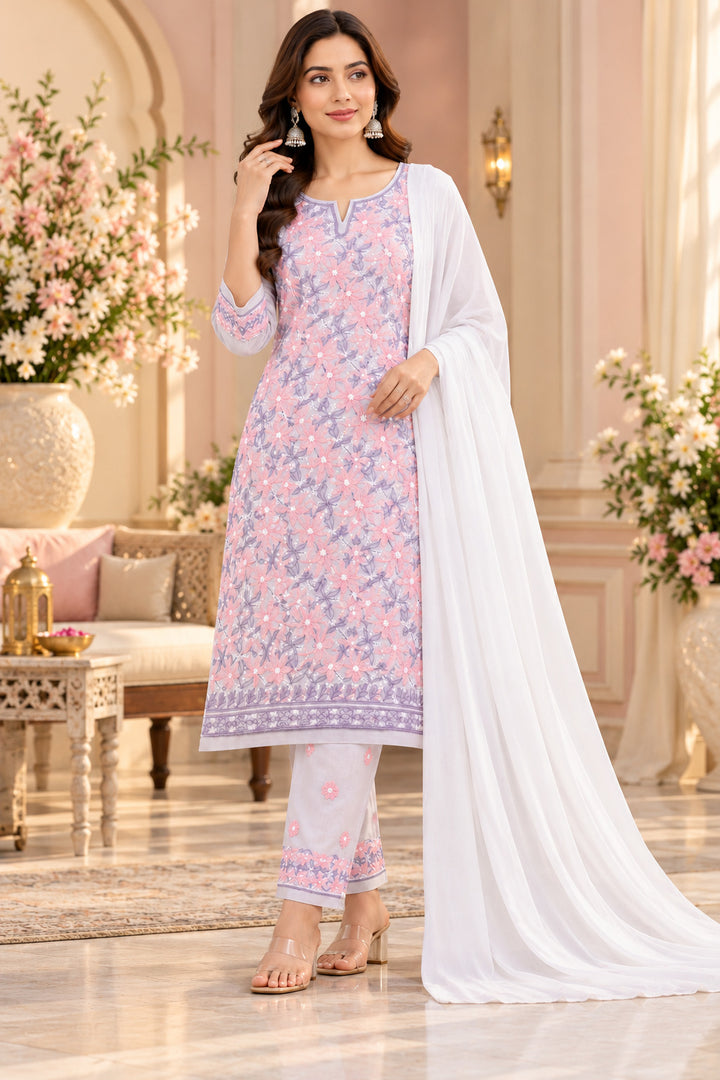 Seva Chikan Hand Embroidered White Terivoil Cotton Lucknowi Chikankari Unstitched Suit Piece-SEV15006