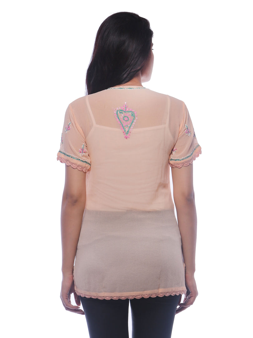 Seva Chikan Hand Embroidered Peach Georgette Lucknowi Chikankari Short Top With Sequins Work-SCL0168