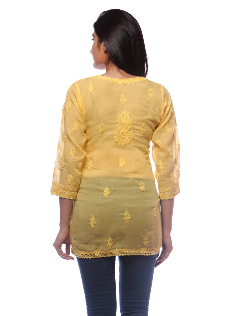 Seva Chikan Hand Embroidered Yellow Cotton Lucknowi Chikankari Short Top-SCL0179