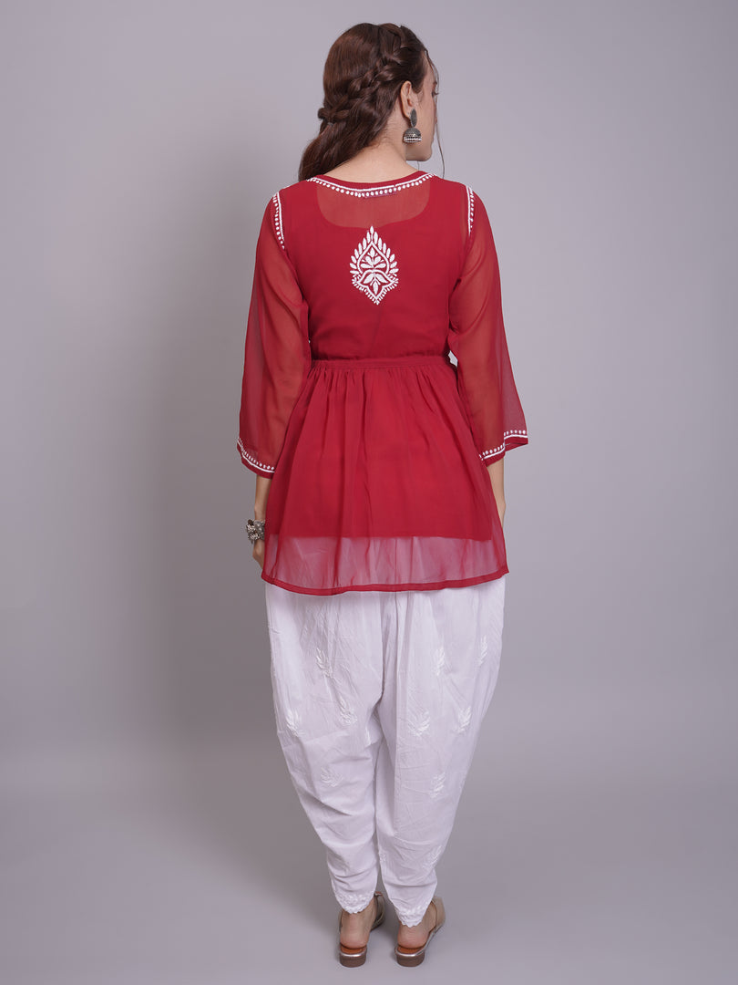 Seva Chikan Hand Embroidered Maroon Georgette Lucknowi Chikankari Kurta Set SCL8064