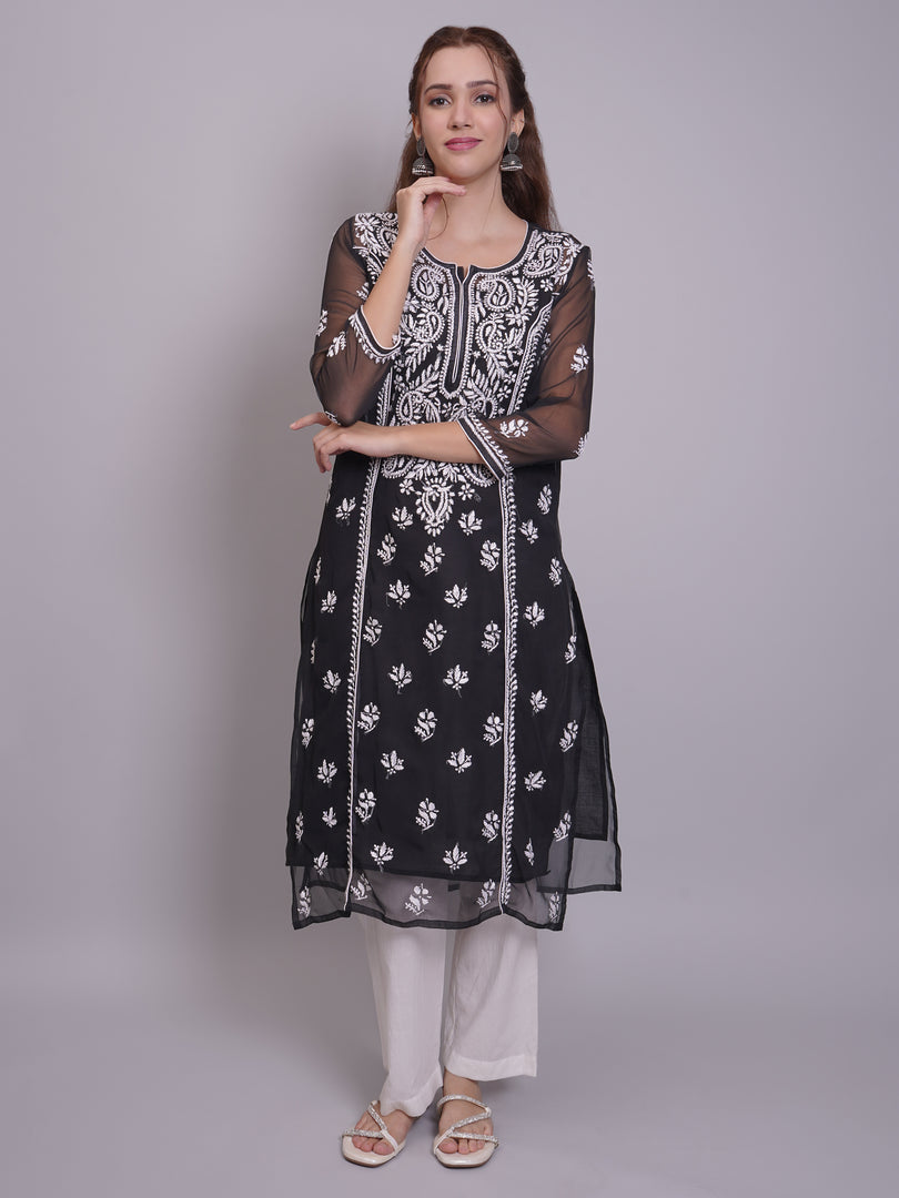 Seva Chikan Hand Embroidered Georgette Lucknowi Chikankari Kurta With Slip-SCL4685