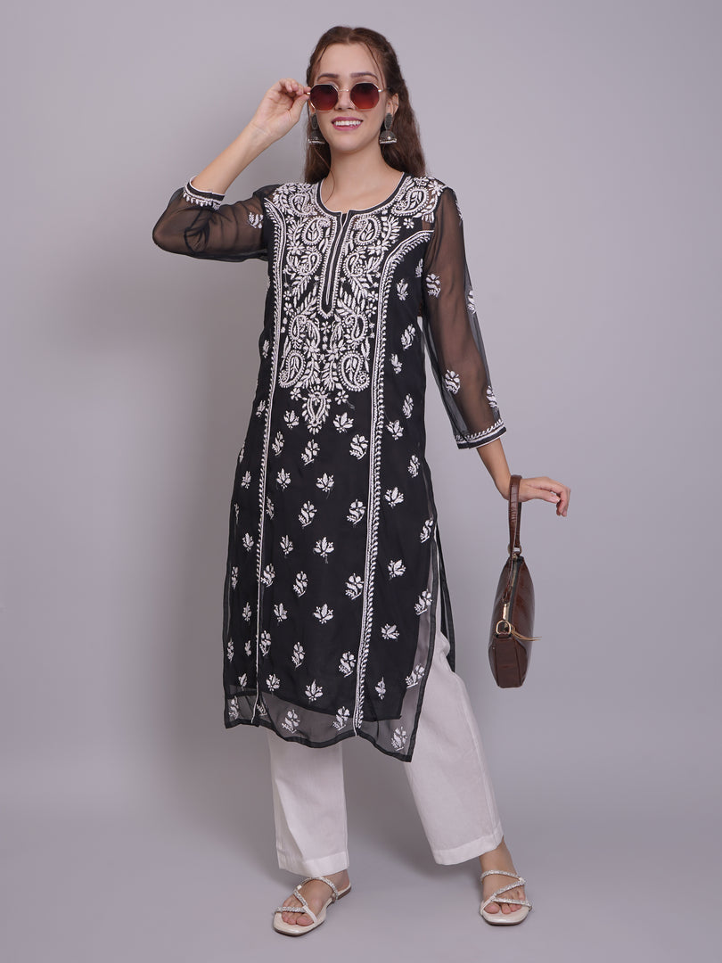 Seva Chikan Hand Embroidered Georgette Lucknowi Chikankari Kurta With Slip-SCL4685