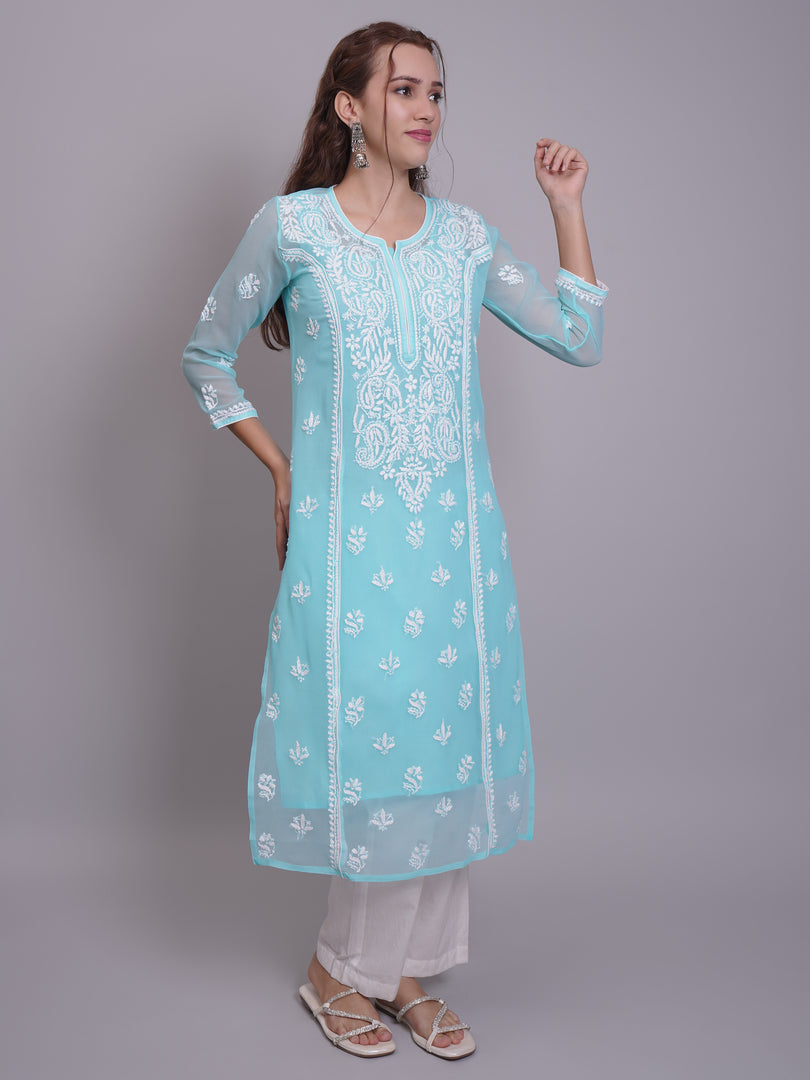 Seva Chikan Hand Embroidered Georgette Lucknowi Chikankari Kurta With Slip-SCL4685