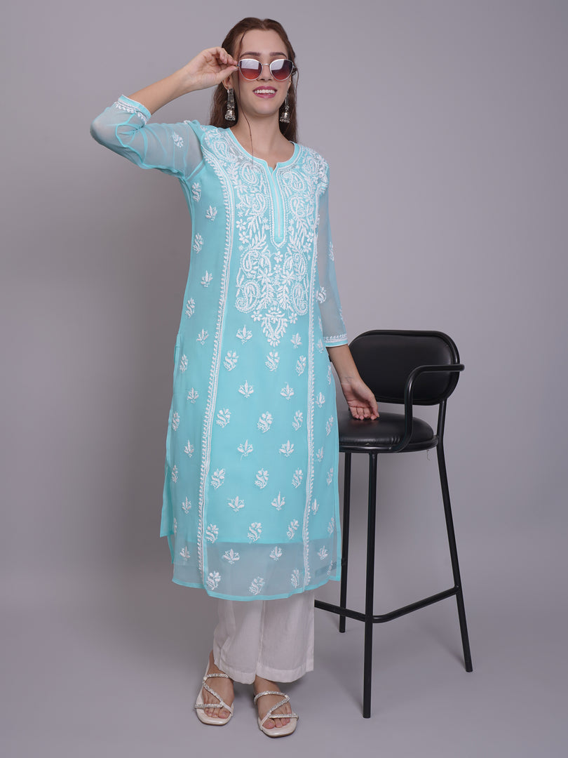 Seva Chikan Hand Embroidered Georgette Lucknowi Chikankari Kurta With Slip-SCL4685